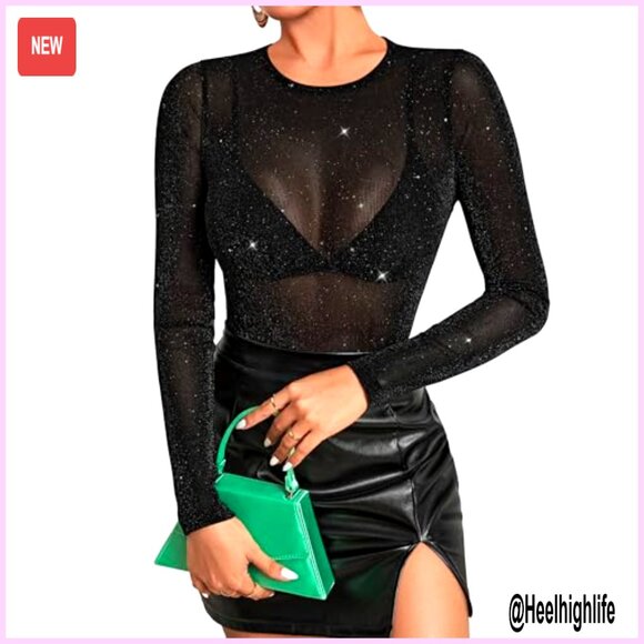 Long Sleeve Sheer Glitter Mesh Top Women's Blouse Clubwear - Picture 4 of 7